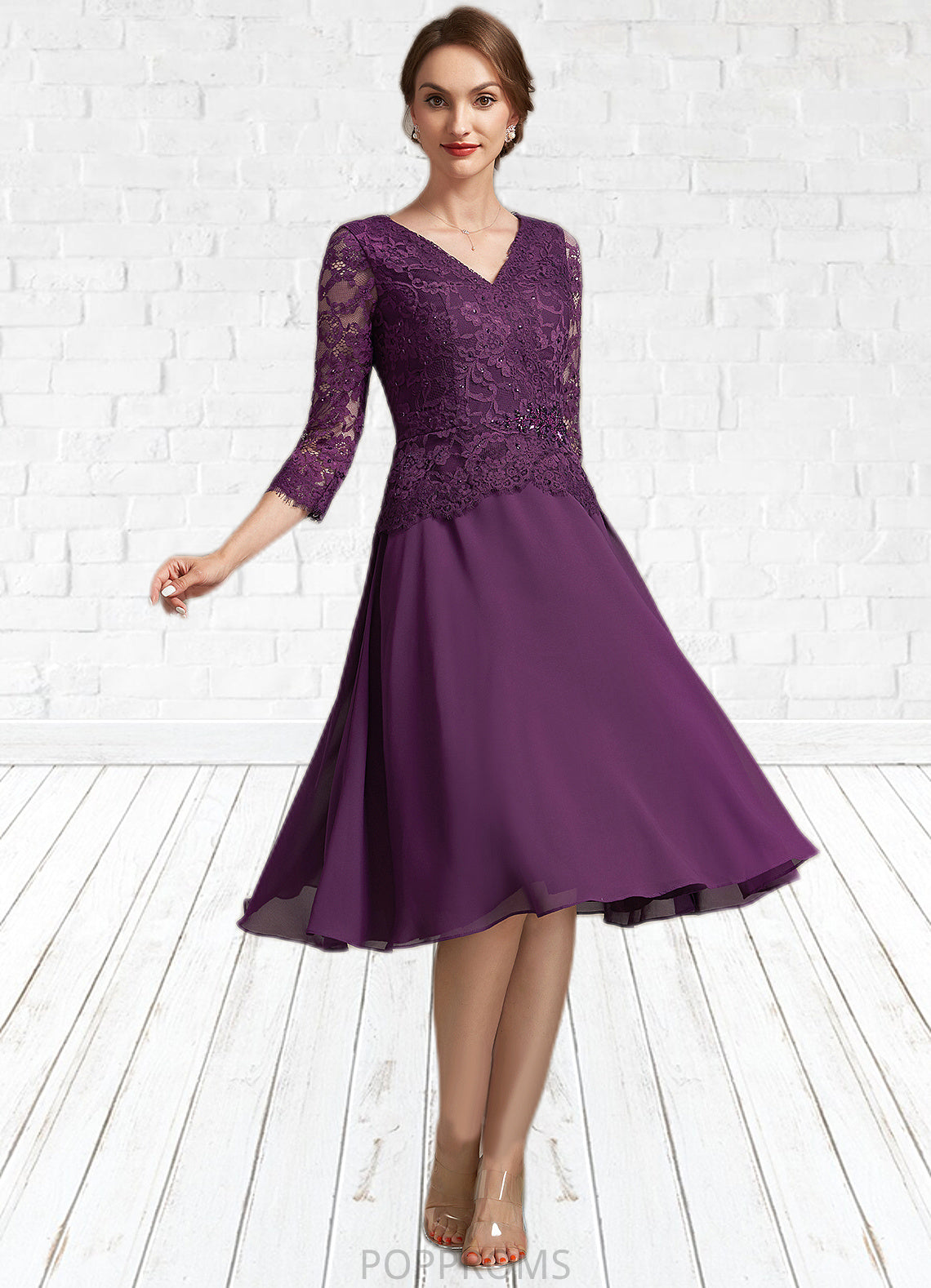 Mila A-Line V-neck Knee-Length Chiffon Lace Mother of the Bride Dress With Beading Sequins PP6126P0015035