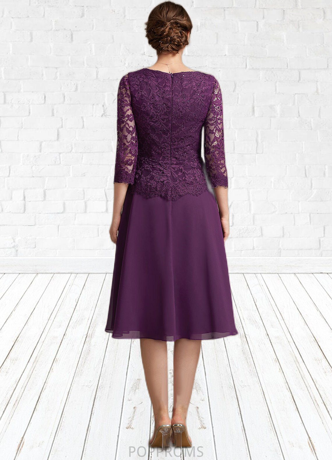 Mila A-Line V-neck Knee-Length Chiffon Lace Mother of the Bride Dress With Beading Sequins PP6126P0015035