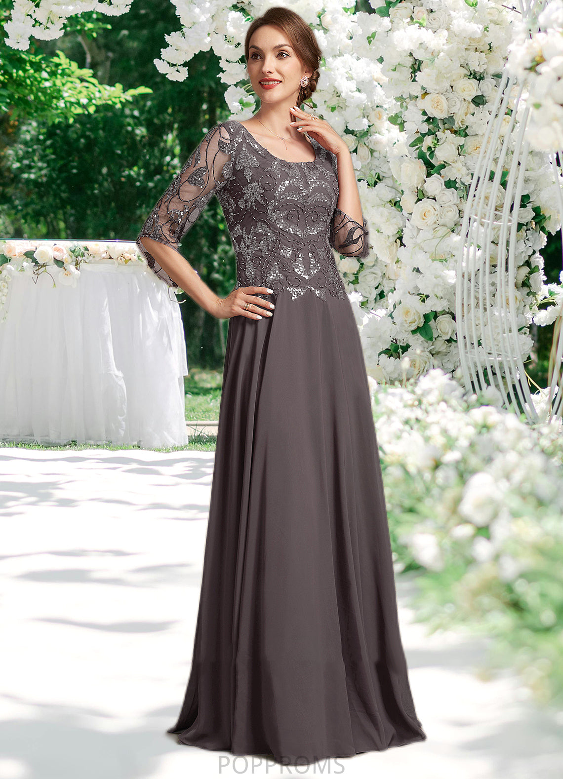 Amina A-Line Scoop Neck Floor-Length Chiffon Lace Mother of the Bride Dress With Beading Sequins PP6126P0015036