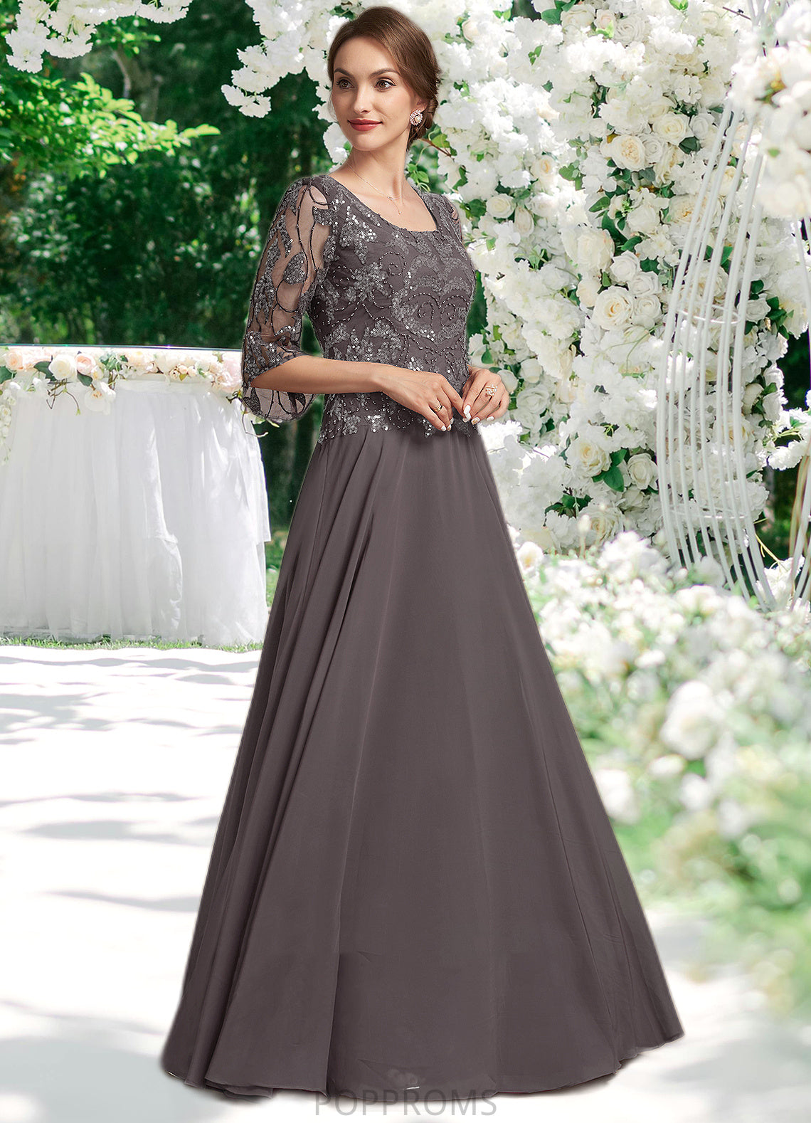 Amina A-Line Scoop Neck Floor-Length Chiffon Lace Mother of the Bride Dress With Beading Sequins PP6126P0015036