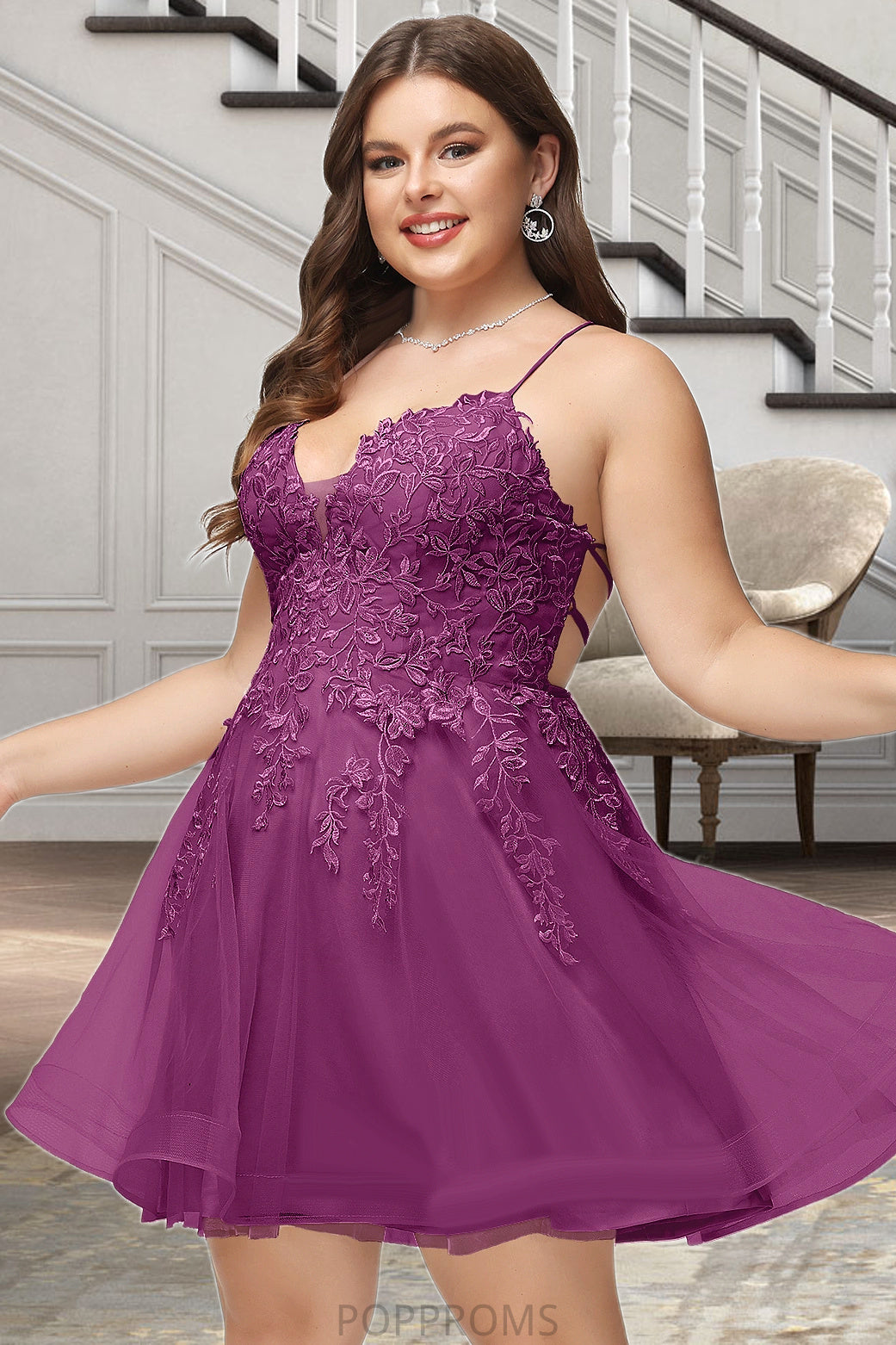 Lexie A-line V-Neck Short/Mini Lace Tulle Homecoming Dress With Sequins PP6P0020500