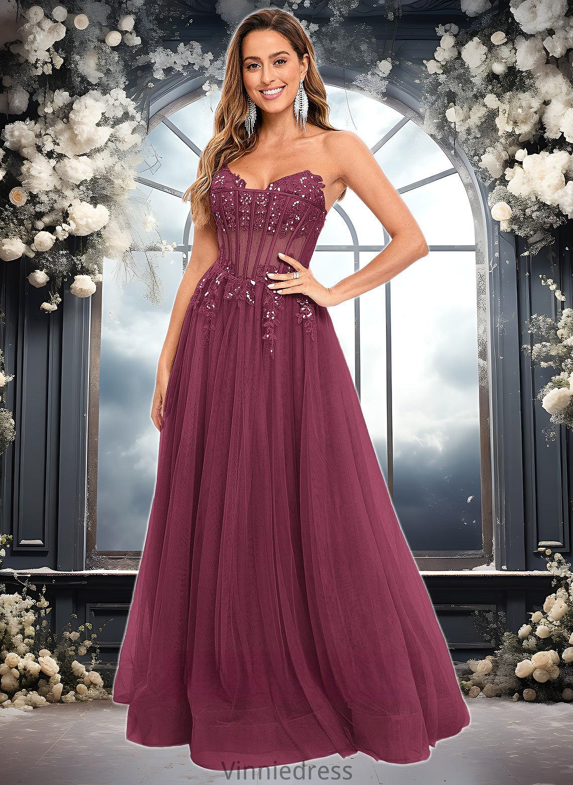 Rebecca Ball-Gown/Princess V-Neck Floor-Length Tulle Prom Dresses With Sequins Appliques Lace PP6P0025837