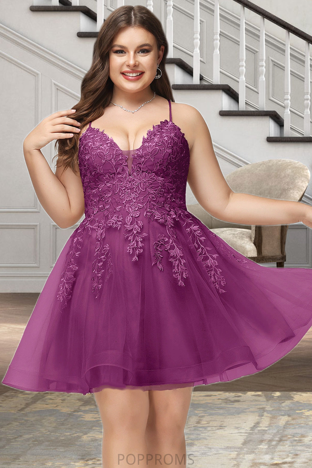 Lexie A-line V-Neck Short/Mini Lace Tulle Homecoming Dress With Sequins PP6P0020500