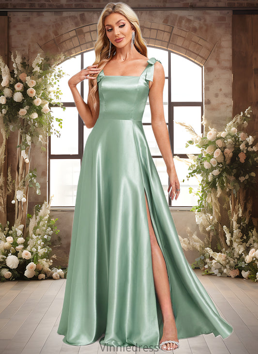 Yasmine A-line Square Floor-Length Stretch Satin Bridesmaid Dress With Bow PP6P0025788