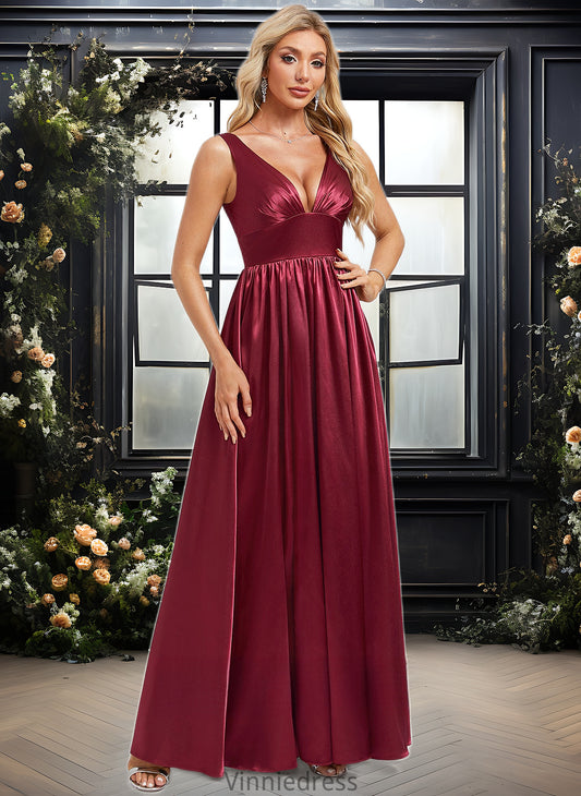 Jenna A-line V-Neck Floor-Length Stretch Satin Bridesmaid Dress PP6P0025771