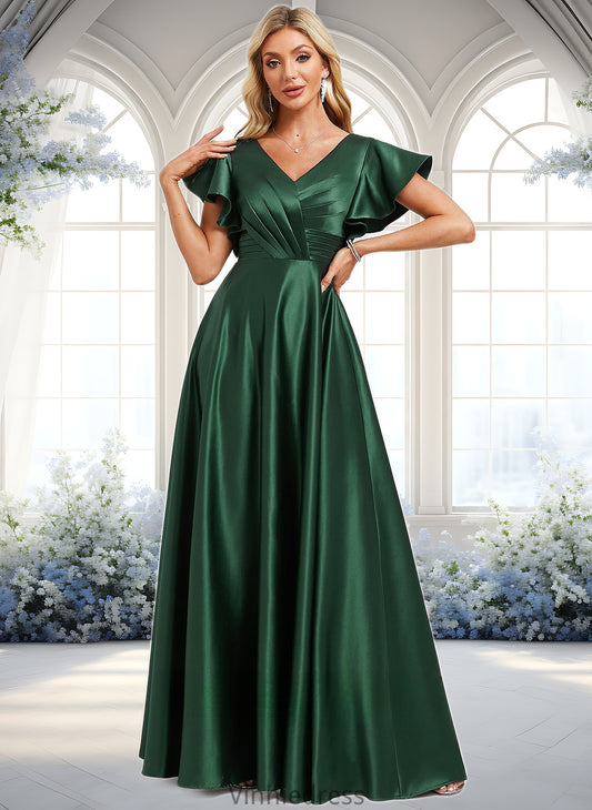 Jaelynn A-line V-Neck Floor-Length Satin Bridesmaid Dress With Ruffle PP6P0025777