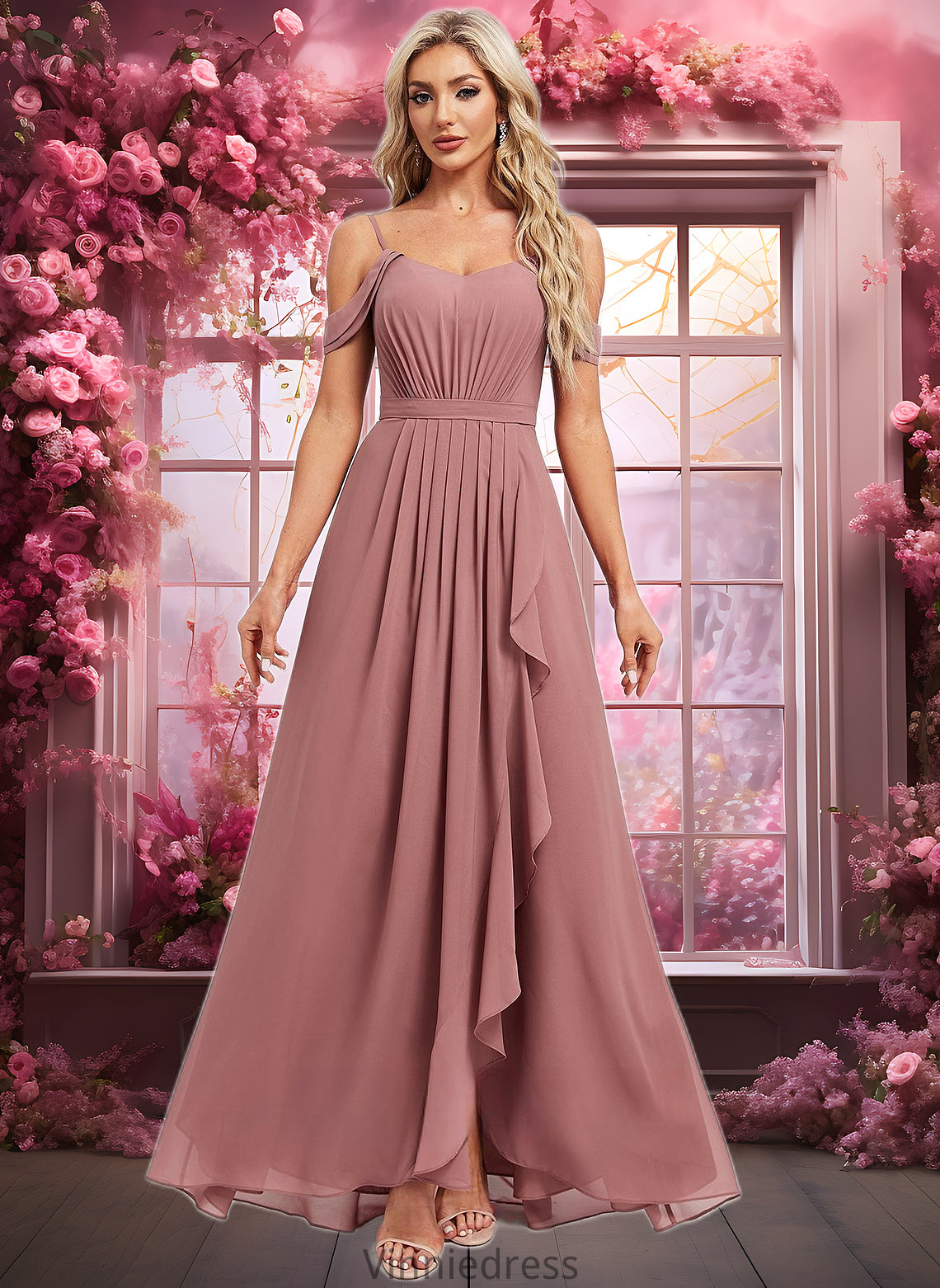 Julie A-line Cold Shoulder Asymmetrical Chiffon Bridesmaid Dress PP6P0025823