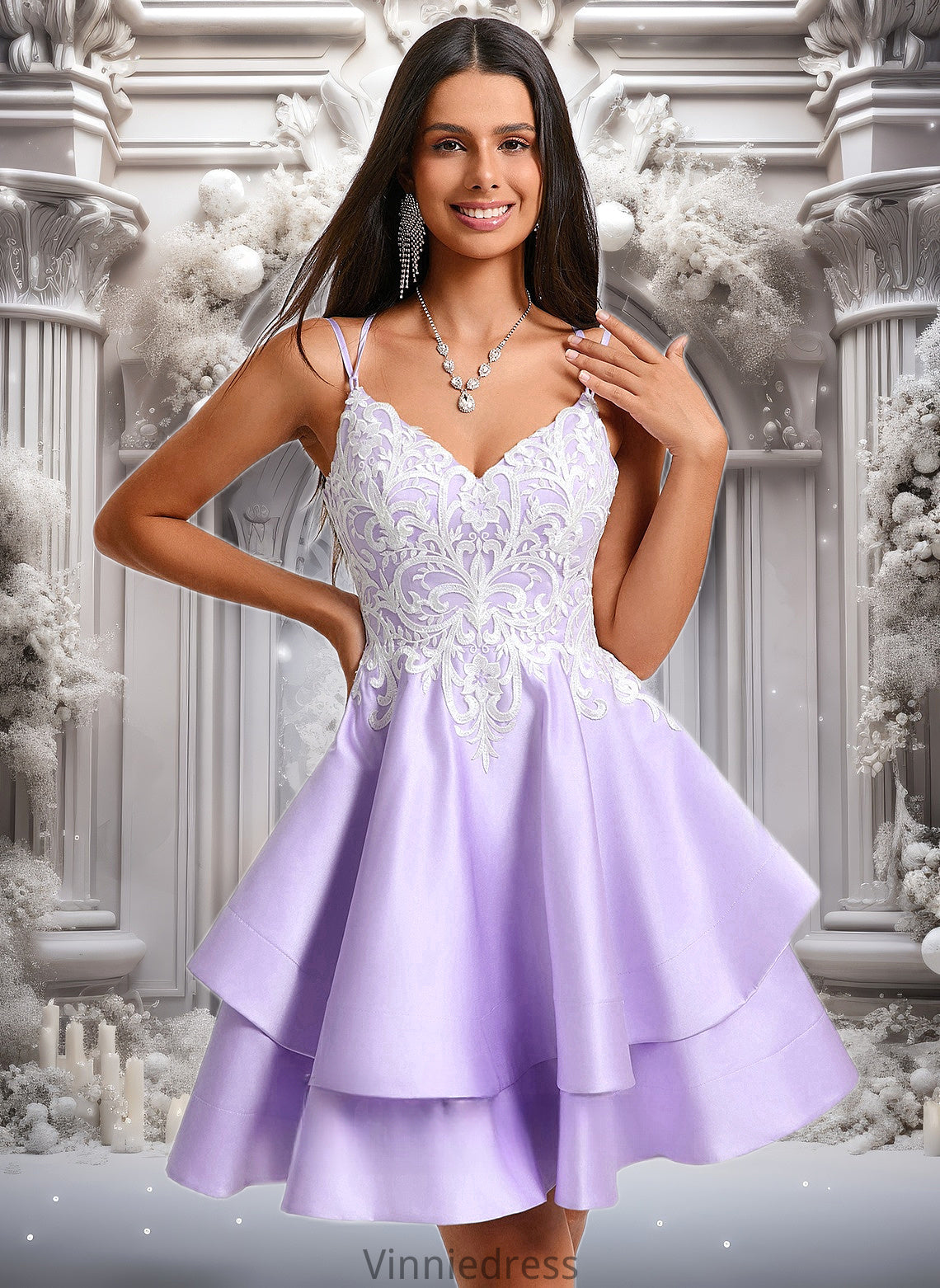 Angie A-line V-Neck Short Satin Homecoming Dress With Appliques Lace PP6P0025696