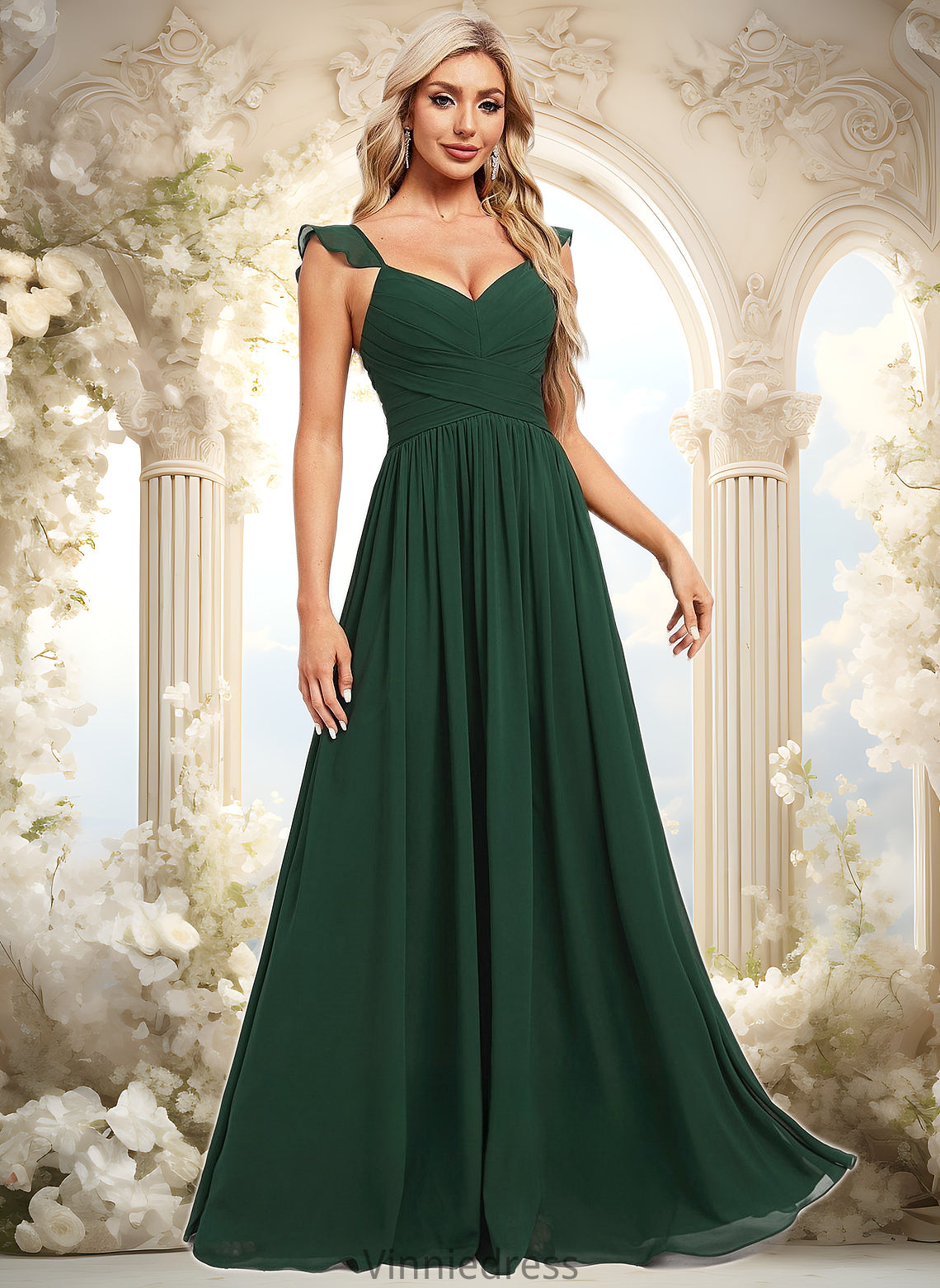 Madeleine A-line V-Neck Floor-Length Chiffon Bridesmaid Dress With Ruffle PP6P0025811