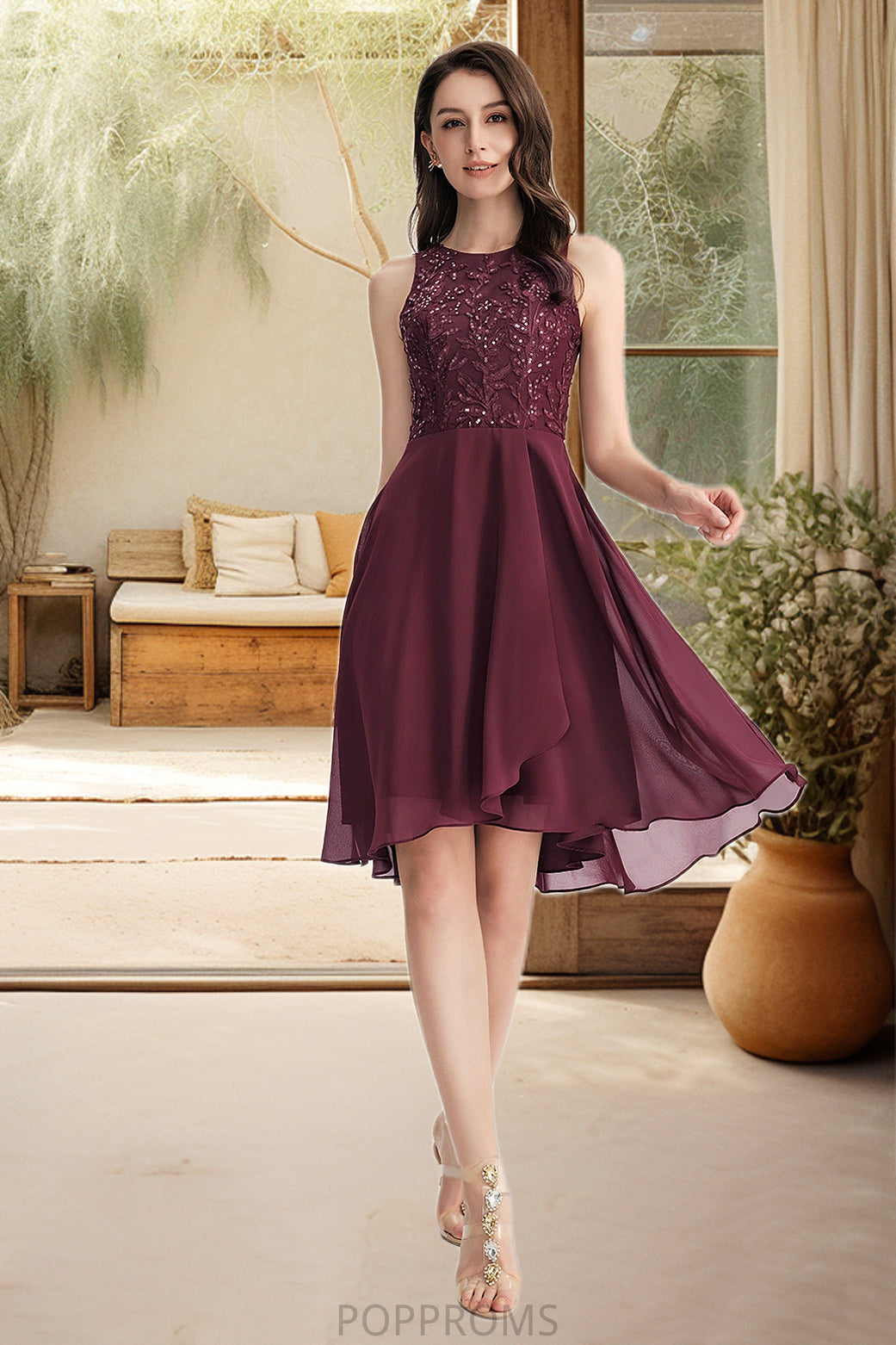 Olive A-line Scoop Asymmetrical Chiffon Lace Homecoming Dress With Sequins PP6P0020516