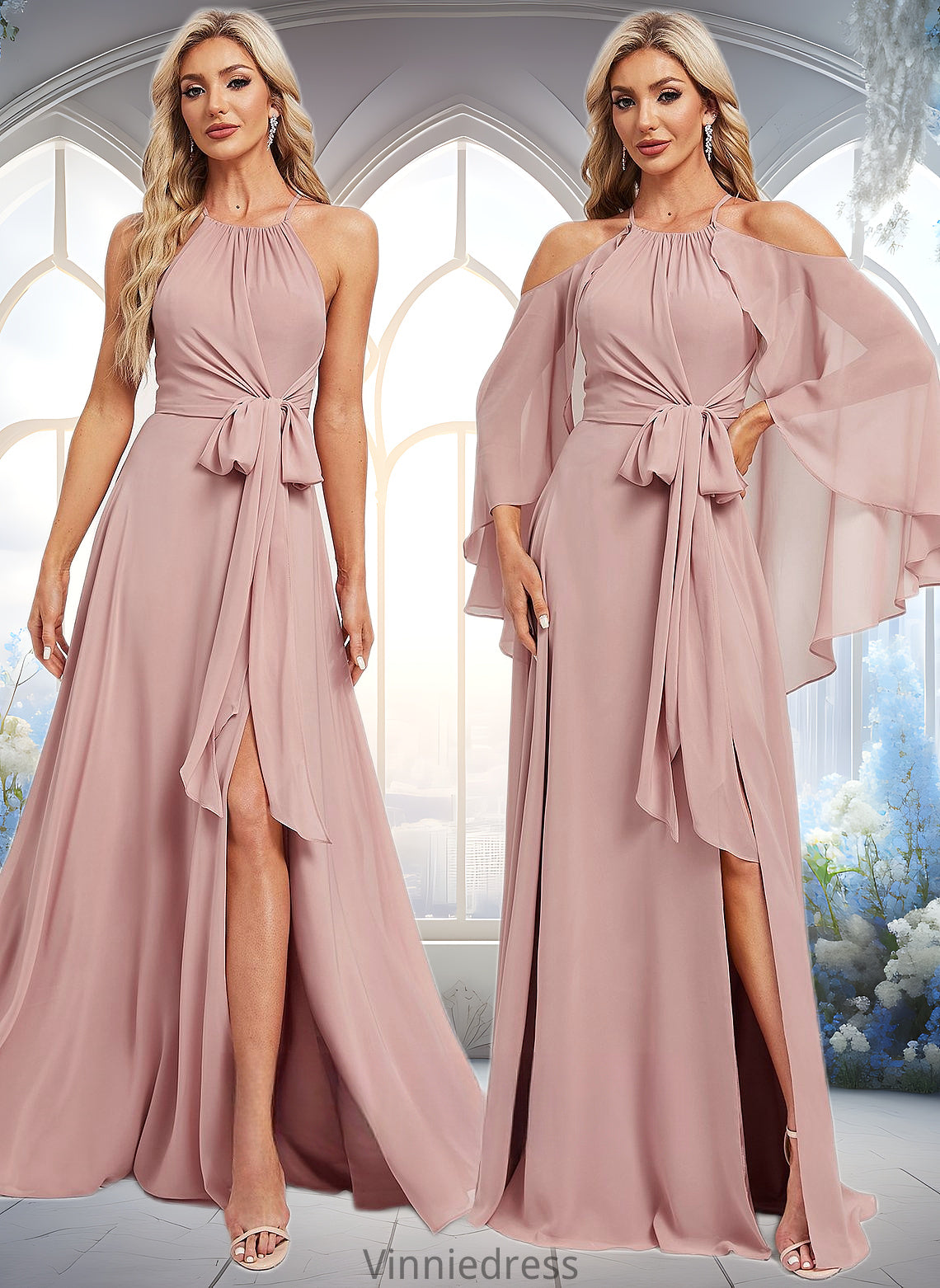 India A-line Halter Floor-Length Chiffon Bridesmaid Dress PP6P0025821