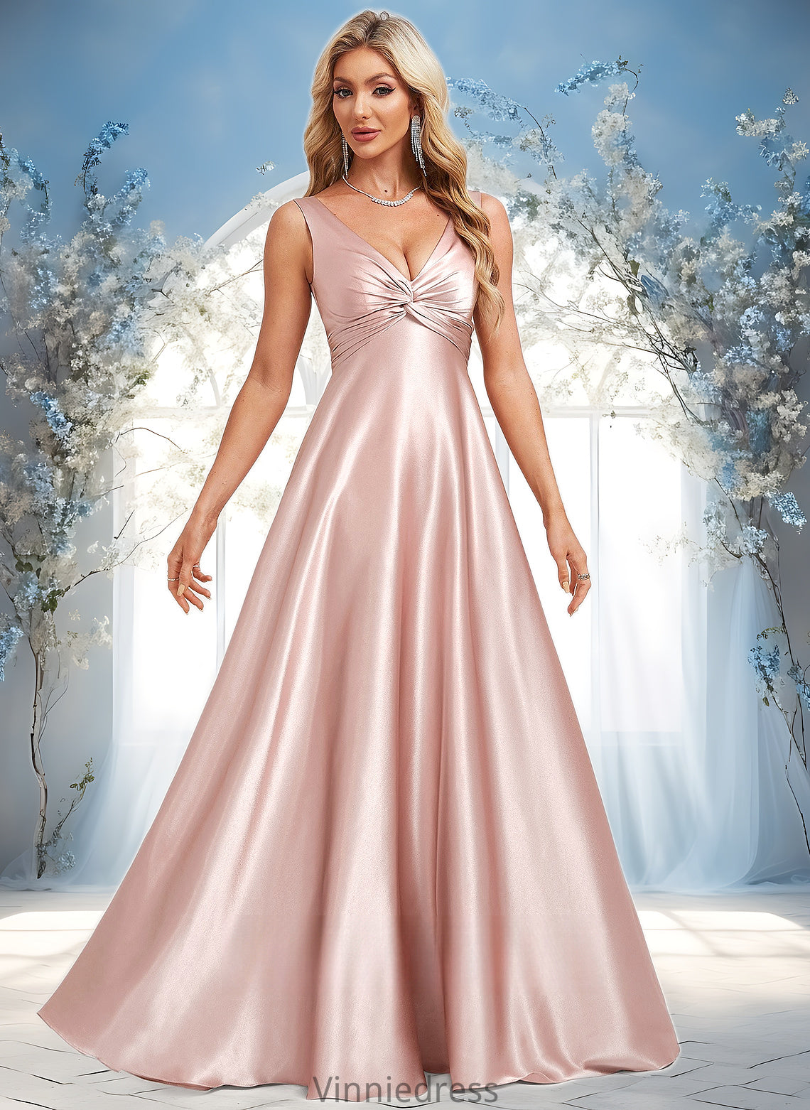 Lynn A-line V-Neck Floor-Length Stretch Satin Bridesmaid Dress PP6P0025779