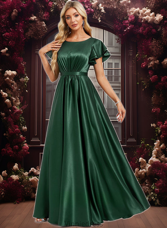 Nicola A-line Scoop Floor-Length Stretch Satin Bridesmaid Dress With Ruffle PP6P0025770