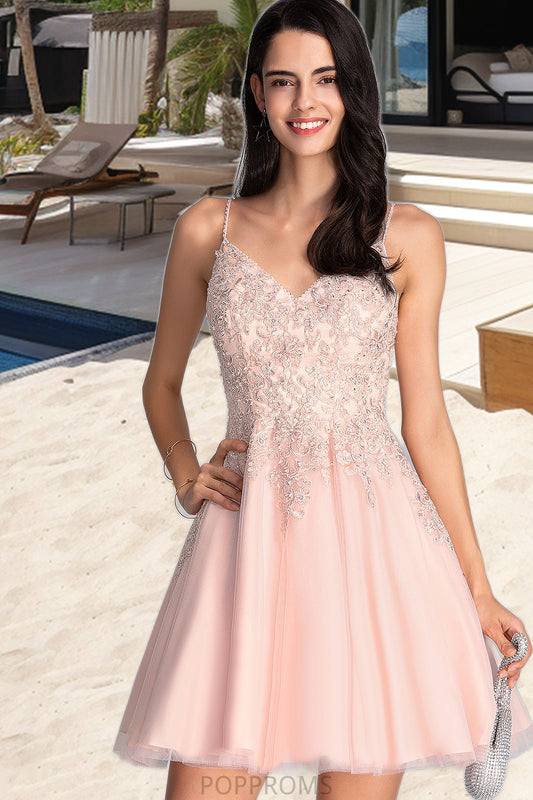 Audrey A-line V-Neck Short/Mini Tulle Homecoming Dress With Beading PP6P0020538