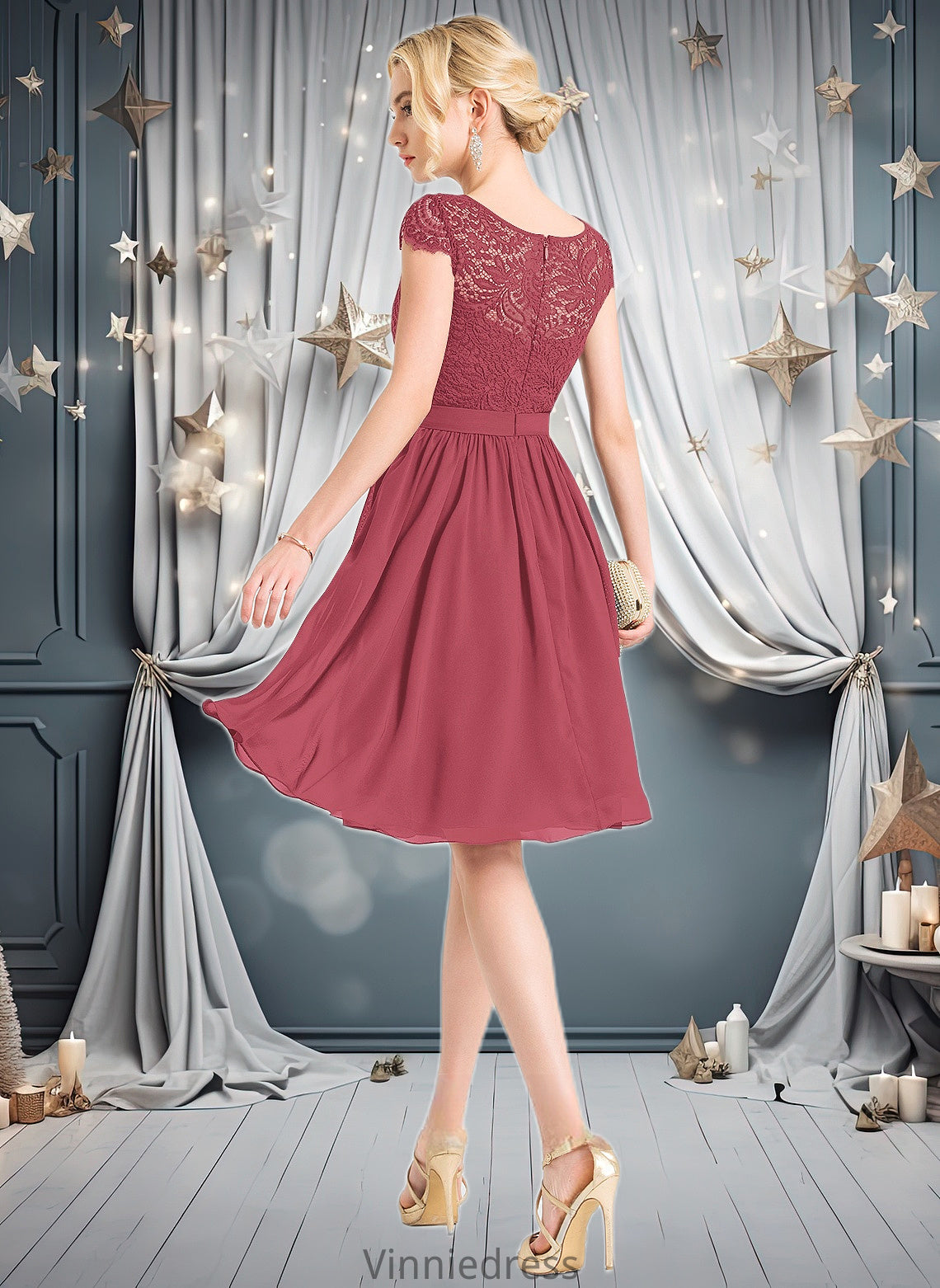 Riya A-line Scoop Knee-Length Lace Chiffon Homecoming Dress PP6P0025698