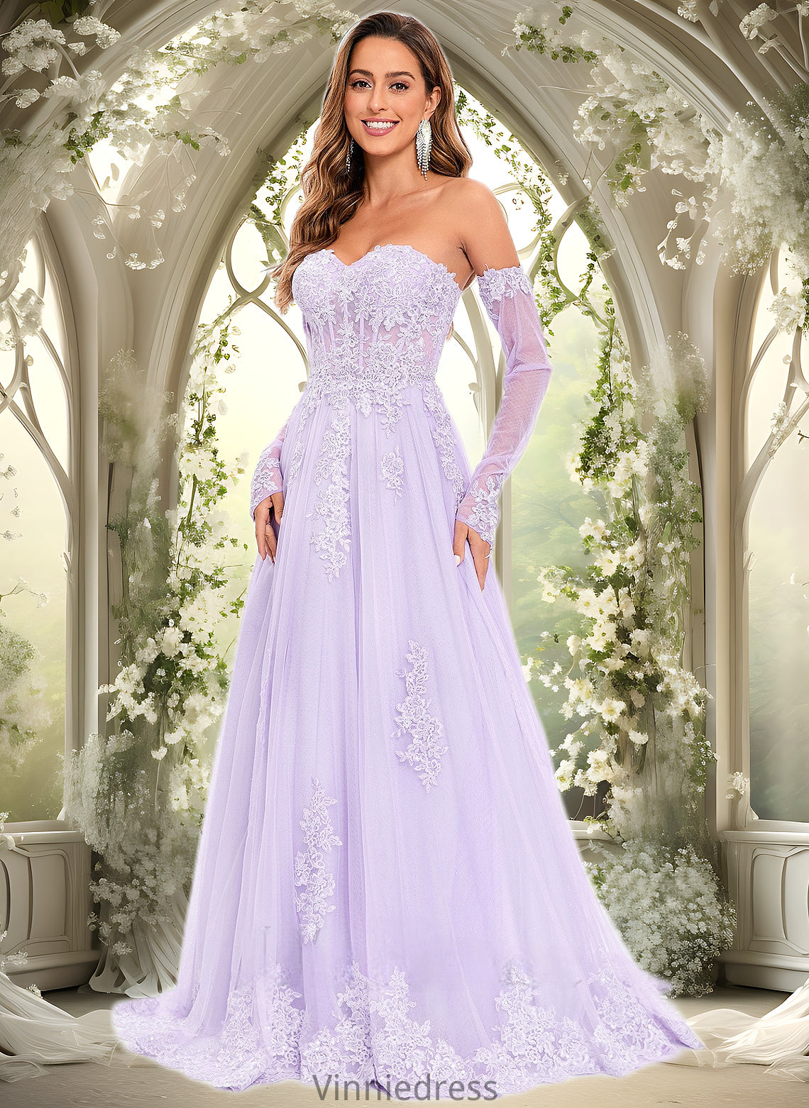 Mildred A-line Sweetheart Sweep Train Tulle Prom Dresses With Sequins Appliques Lace PP6P0025856