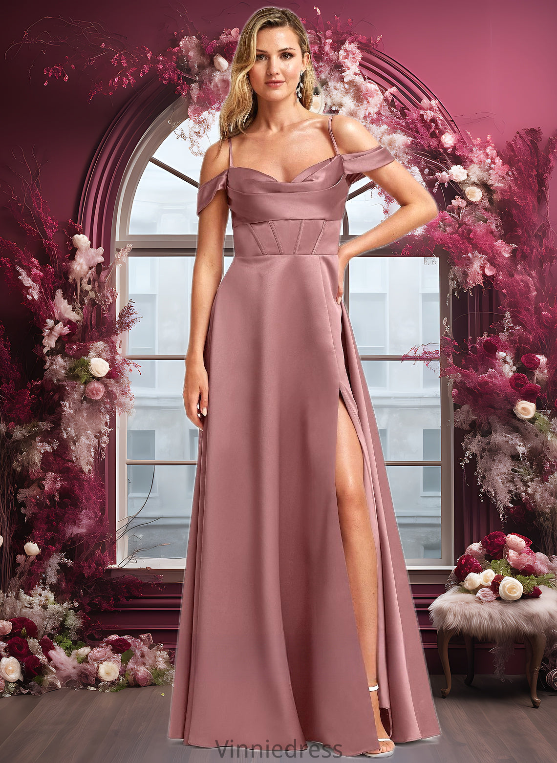 Morgan A-line Cold Shoulder Floor-Length Satin Bridesmaid Dress PP6P0025750