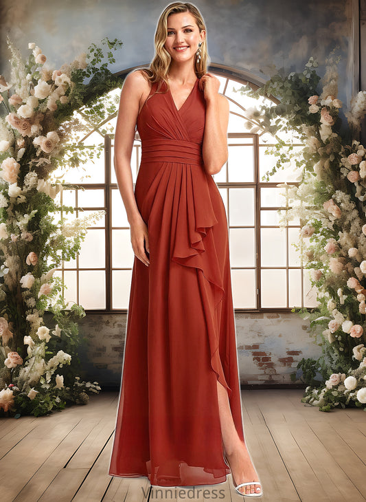 Regan A-line V-Neck Floor-Length Chiffon Bridesmaid Dress With Ruffle PP6P0025754