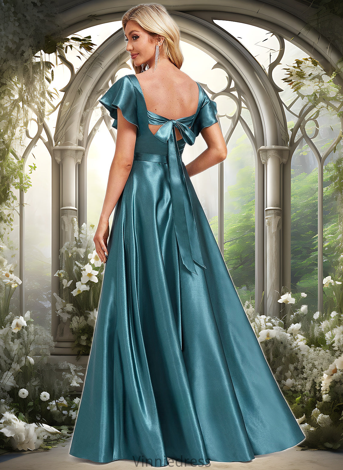 Rachael A-line V-Neck Floor-Length Stretch Satin Bridesmaid Dress With Ruffle PP6P0025780