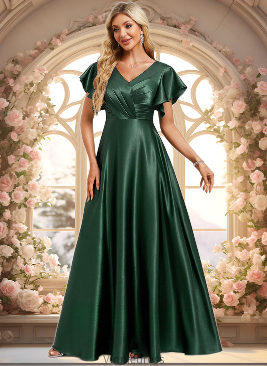 Gracie A-line V-Neck Floor-Length Stretch Satin Bridesmaid Dress With Ruffle PP6P0025773