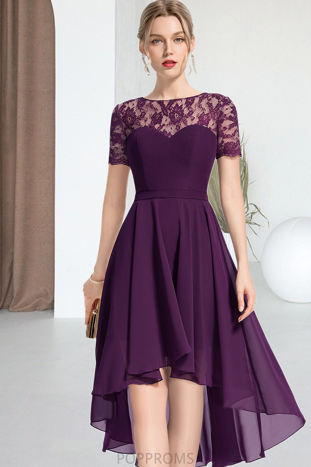 Lyla A-line Scoop Asymmetrical Chiffon Lace Homecoming Dress PP6P0020587