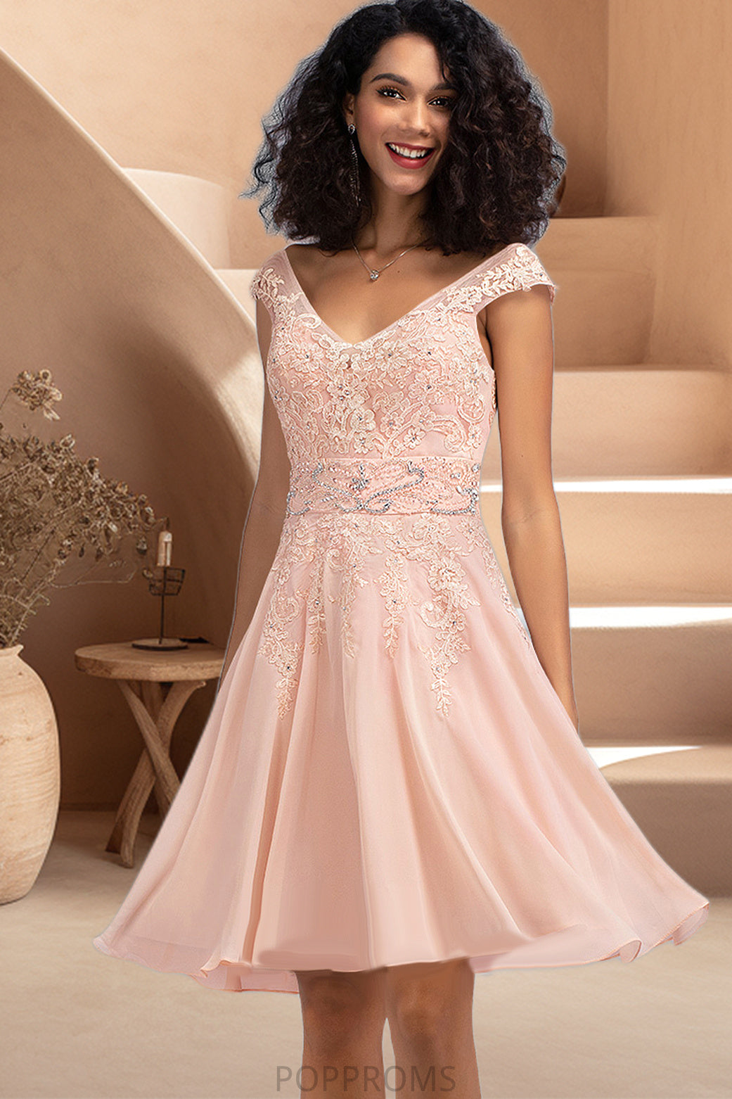 Guadalupe A-line V-Neck Knee-Length Chiffon Lace Homecoming Dress With Beading PP6P0020565