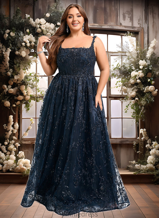 Tia A-line Square Floor-Length Organza Lace Floral Prom Dresses With Sequins PP6P0025844