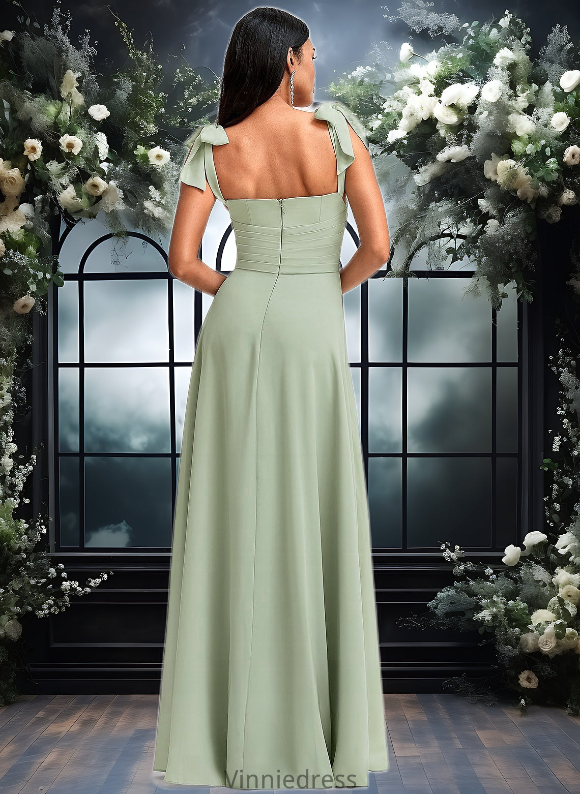 Danika A-line Cowl Floor-Length Chiffon Bridesmaid Dress With Bow PP6P0025738