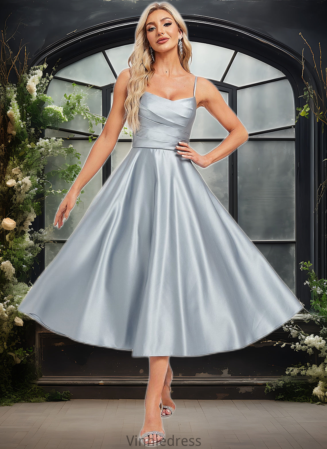 Summer A-line V-Neck Tea-Length Satin Bridesmaid Dress PP6P0025794