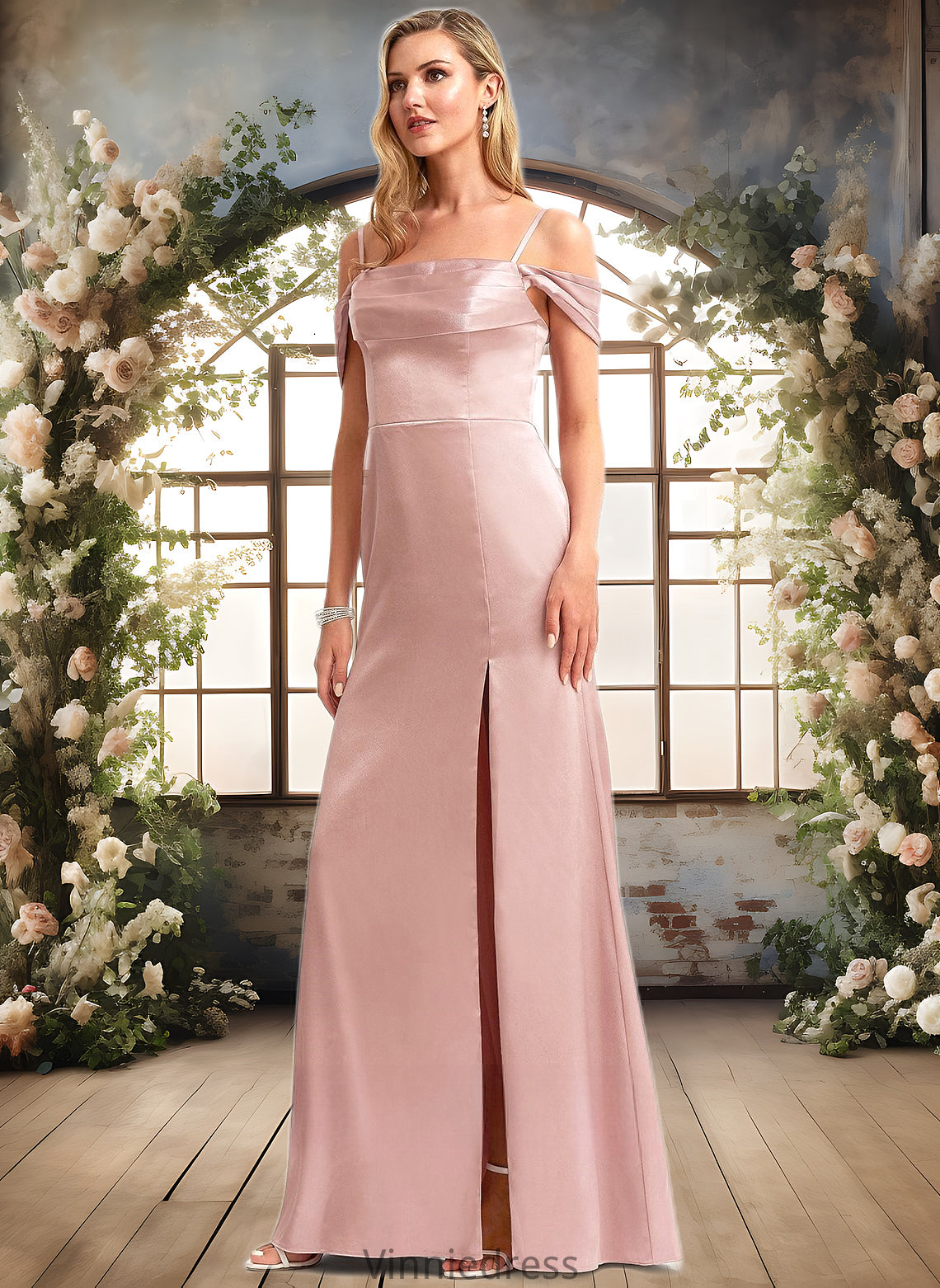 Jocelynn A-line Cold Shoulder Floor-Length Stretch Satin Bridesmaid Dress PP6P0025747