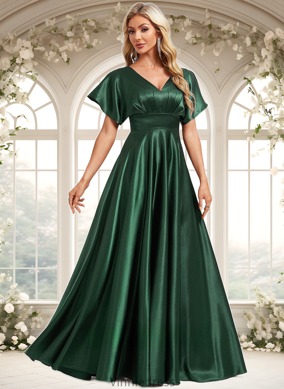 Sylvia A-line V-Neck Floor-Length Stretch Satin Bridesmaid Dress PP6P0025782