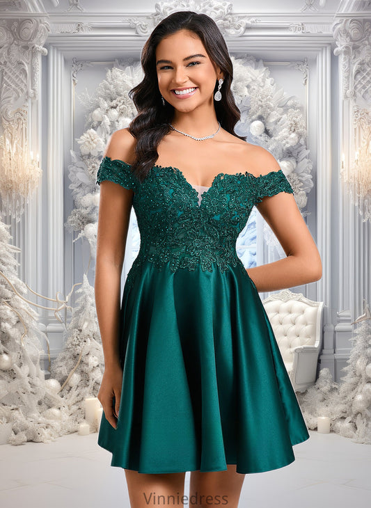 Lydia A-line Off the Shoulder Short Lace Satin Homecoming Dress With Rhinestone PP6P0025718