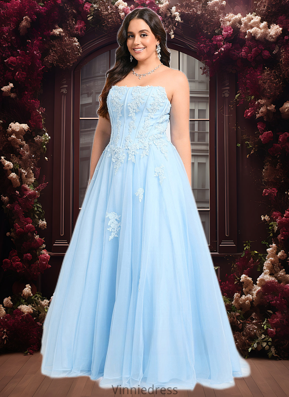 Logan Ball-Gown/Princess Straight Sweep Train Tulle Prom Dresses With Sequins Appliques Lace PP6P0025864