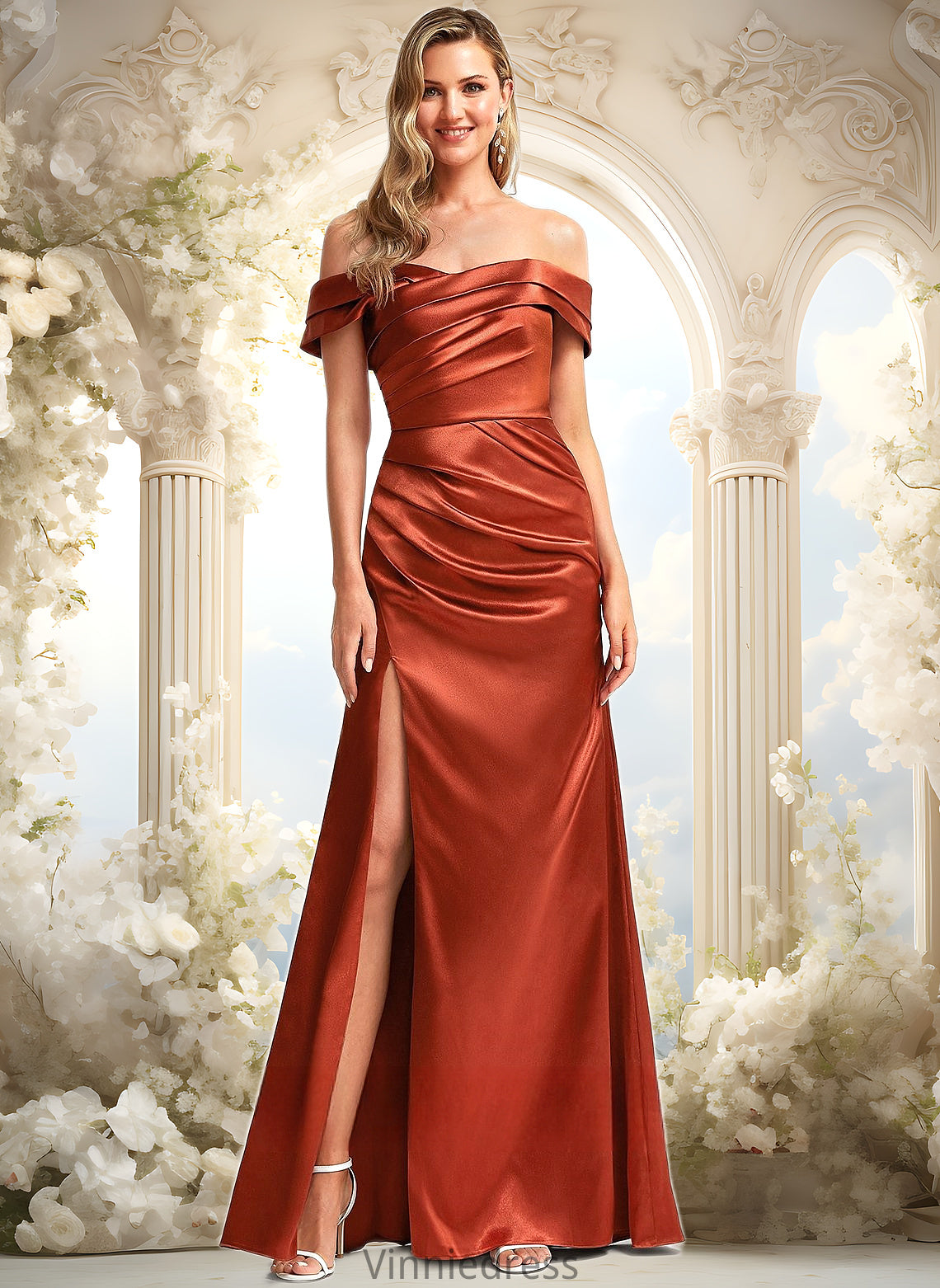 Elisabeth A-line Off the Shoulder Floor-Length Stretch Satin Bridesmaid Dress PP6P0025757