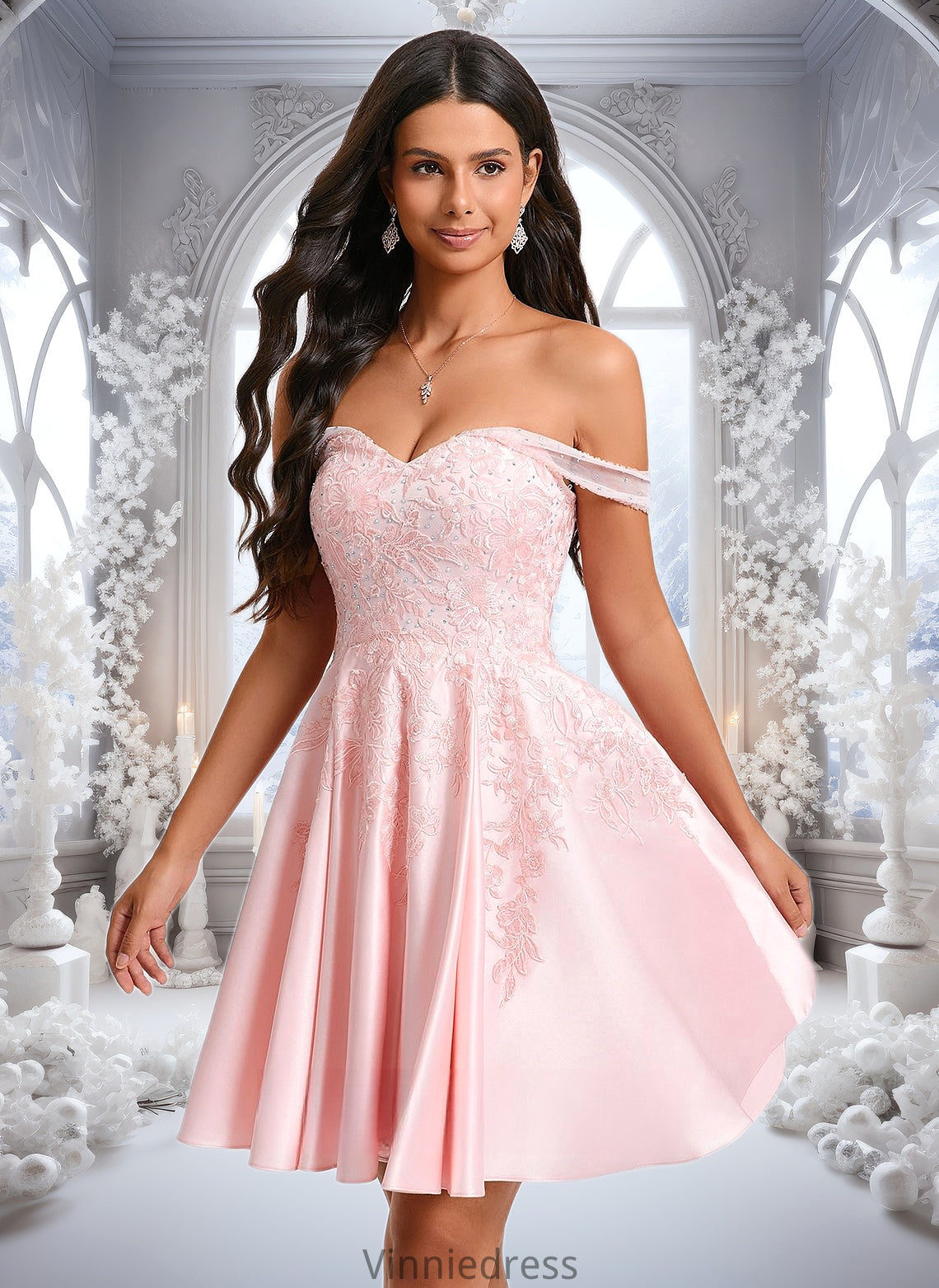 Nola A-line Off the Shoulder Short Satin Homecoming Dress With Rhinestone Beading Appliques Lace PP6P0025679