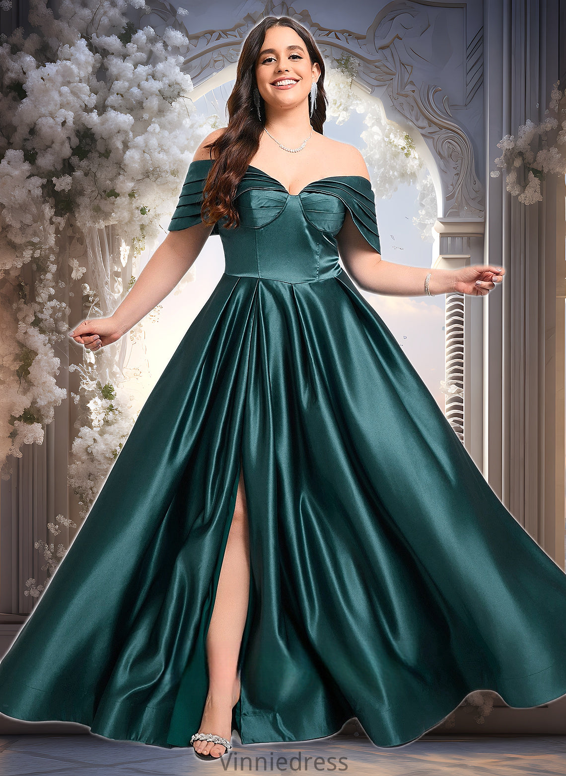 Alexandra A-line Off the Shoulder Floor-Length Satin Prom Dresses With Pleated PP6P0025851