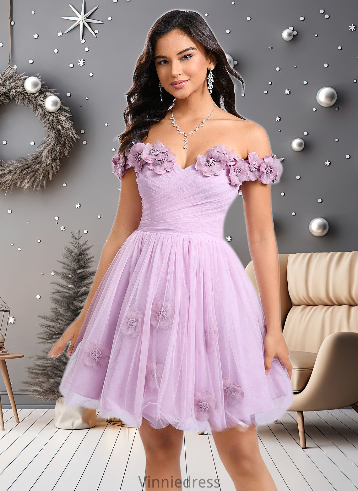 Baylee Ball-Gown/Princess Off the Shoulder Short Tulle Homecoming Dress With Pleated Flower PP6P0025668