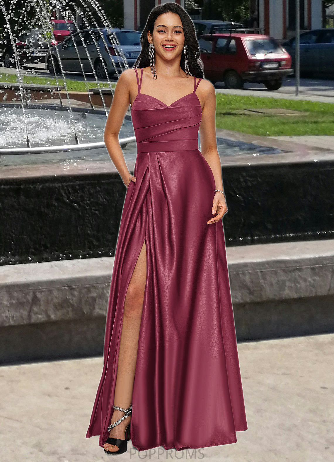 Lydia A-line V-Neck Floor-Length Satin Prom Dresses PP6P0022197