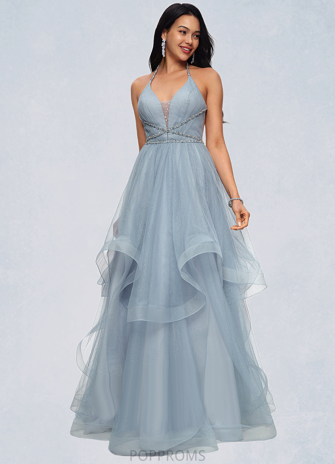 Margaret Ball-Gown/Princess Halter V-Neck Floor-Length Tulle Prom Dresses With Beading Rhinestone Sequins PP6P0022199