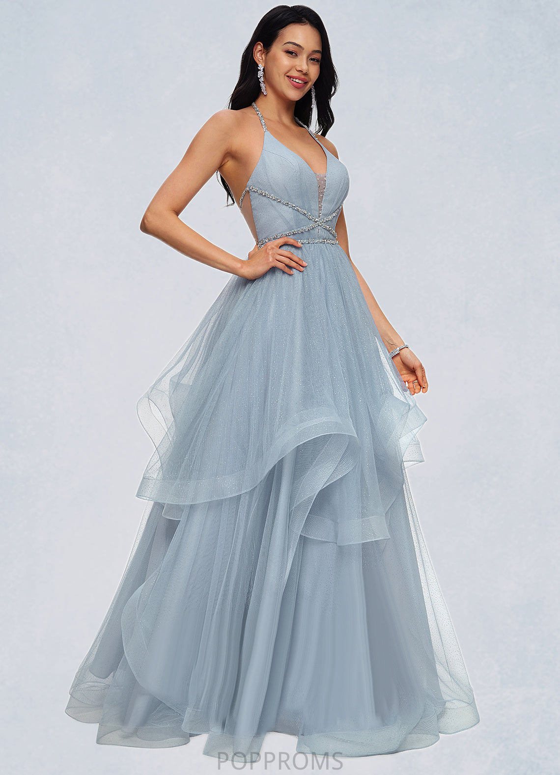 Margaret Ball-Gown/Princess Halter V-Neck Floor-Length Tulle Prom Dresses With Beading Rhinestone Sequins PP6P0022199