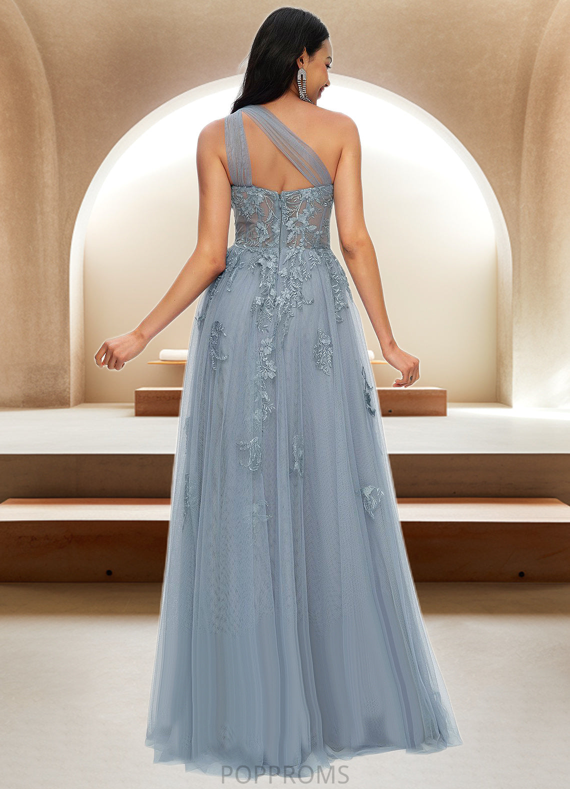 Courtney A-line One Shoulder Floor-Length Tulle Prom Dresses With Appliques Lace Sequins PP6P0022200