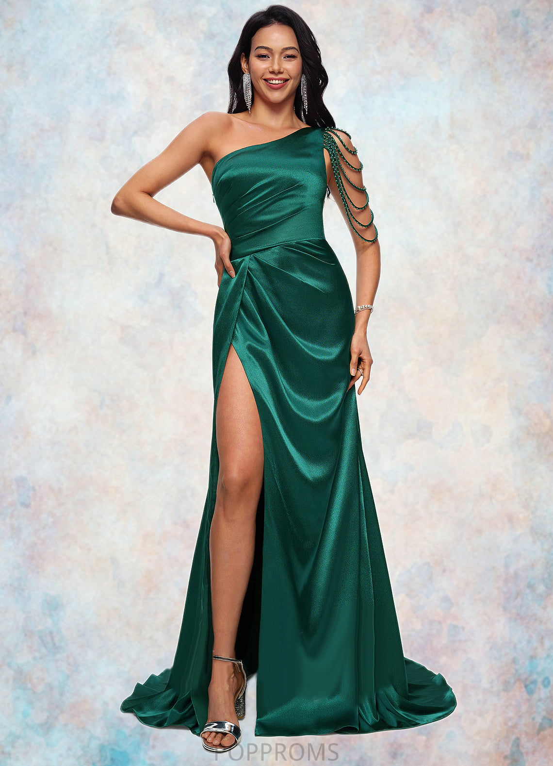 Erin Trumpet/Mermaid One Shoulder Sweep Train Stretch Satin Prom Dresses With Beading PP6P0022205