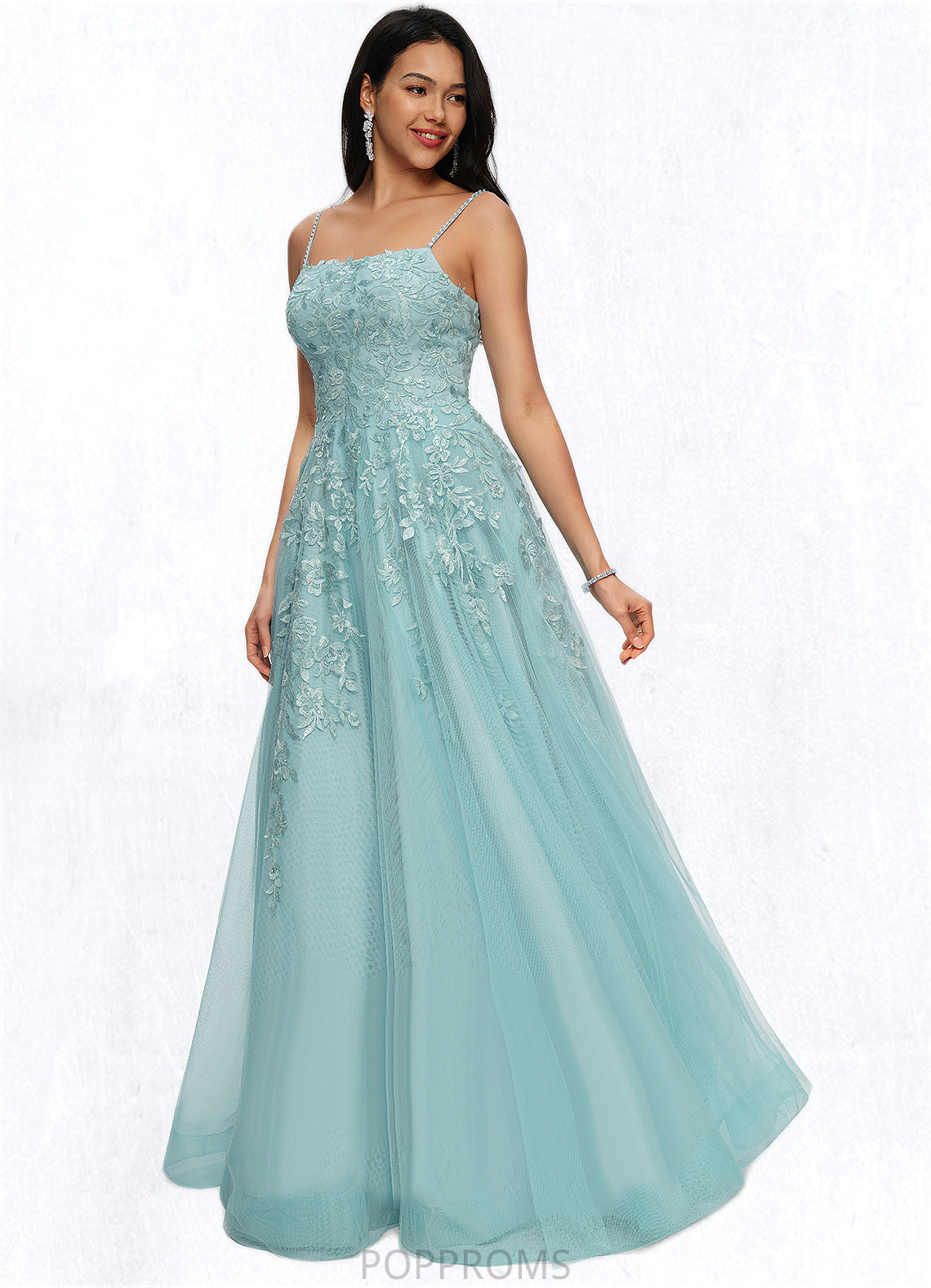 Maryjane Ball-Gown/Princess Straight Floor-Length Tulle Prom Dresses With Appliques Lace Sequins PP6P0022206