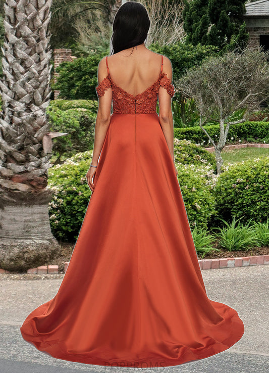 Savanna A-line Off the Shoulder Sweep Train Satin Prom Dresses With Rhinestone PP6P0022208