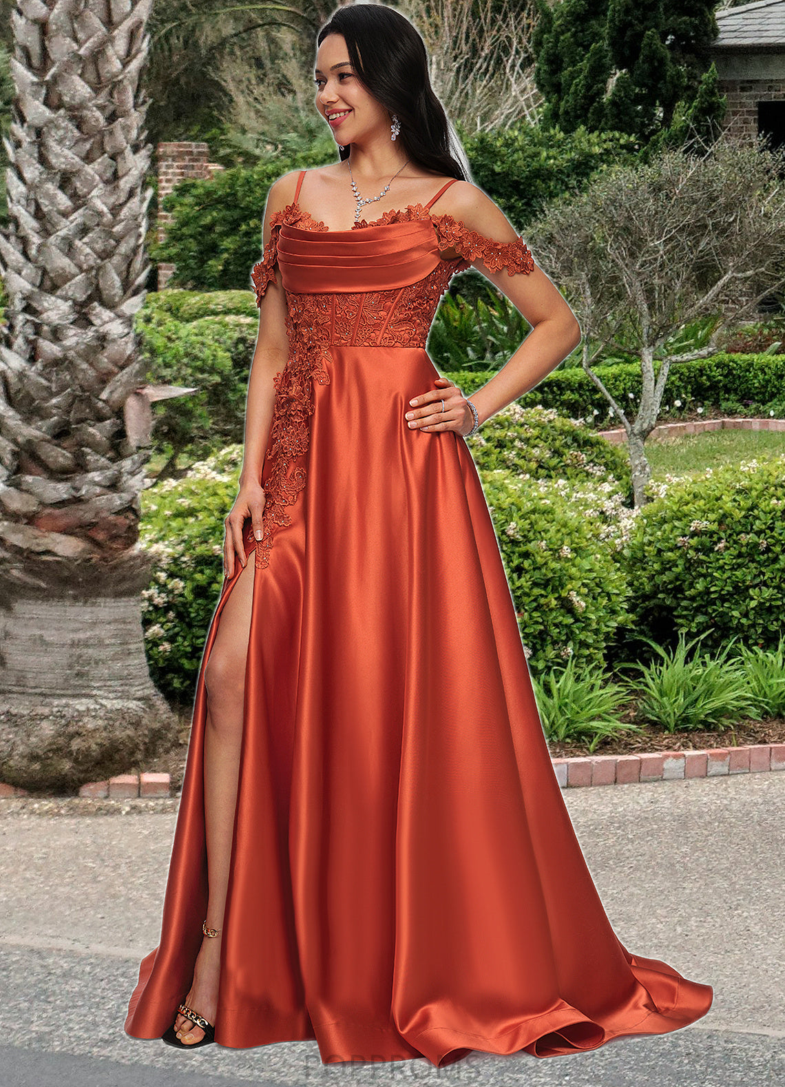 Savanna A-line Off the Shoulder Sweep Train Satin Prom Dresses With Rhinestone PP6P0022208