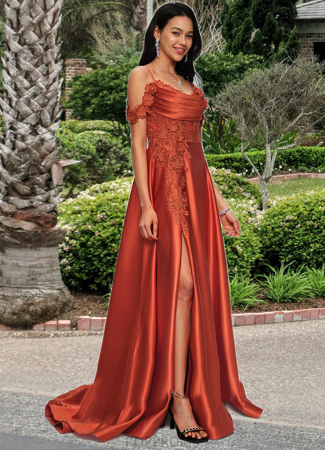 Savanna A-line Off the Shoulder Sweep Train Satin Prom Dresses With Rhinestone PP6P0022208