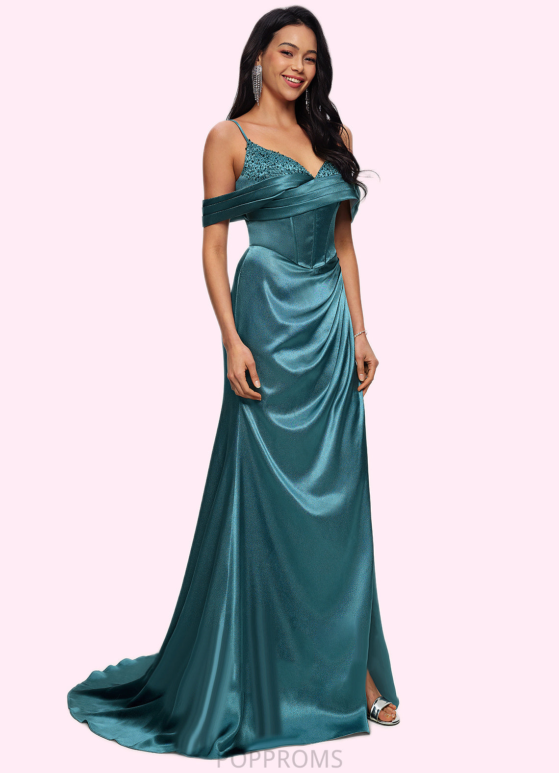 Gladys Trumpet/Mermaid V-Neck Sweep Train Stretch Satin Prom Dresses With Beading Rhinestone Sequins PP6P0022213