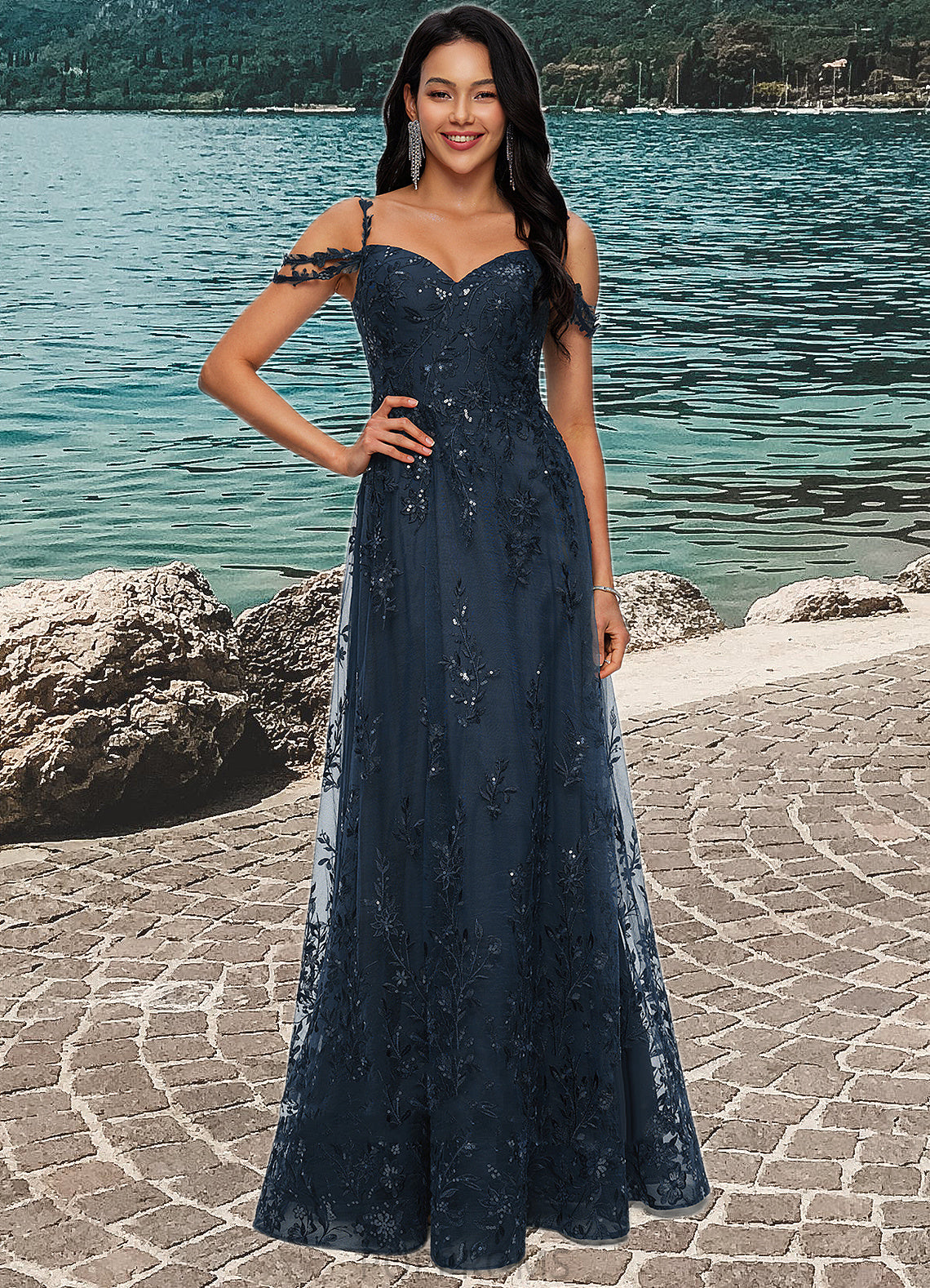 Aleena A-line V-Neck Floor-Length Lace Prom Dresses With Sequins PP6P0022222