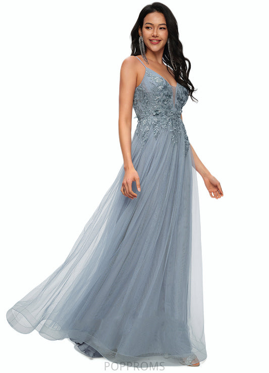 Luciana A-line V-Neck Floor-Length Tulle Prom Dresses With Appliques Lace Sequins PP6P0022223