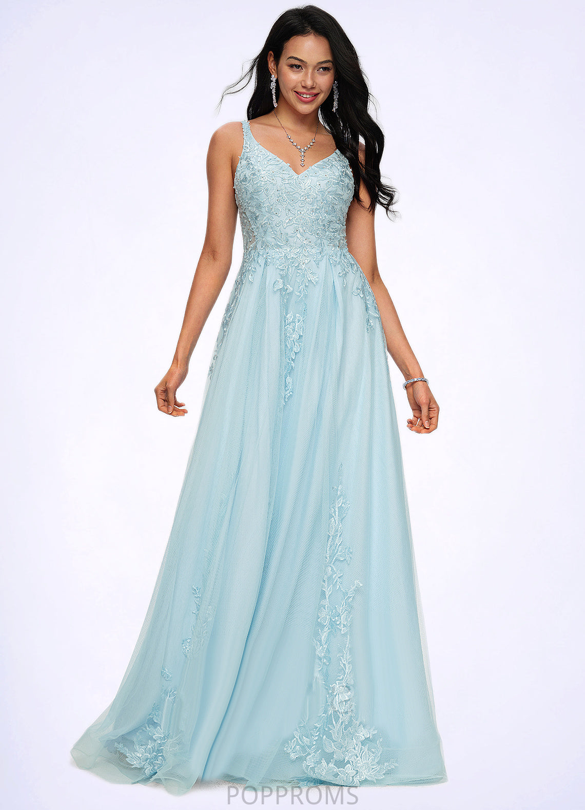 Nataly A-line V-Neck Floor-Length Tulle Prom Dresses With Rhinestone Appliques Lace Sequins PP6P0022225